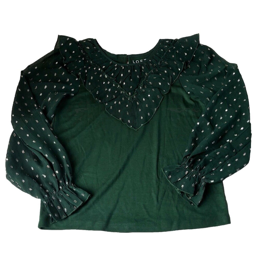 Loft Green Silver Dotted Ruffle Yoke Sheet Sleeves Top Size Small NWT
